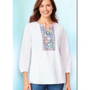Talbots White Embroidered Cotton Voile Tunic Top Size Small Boho Ethnic Summer